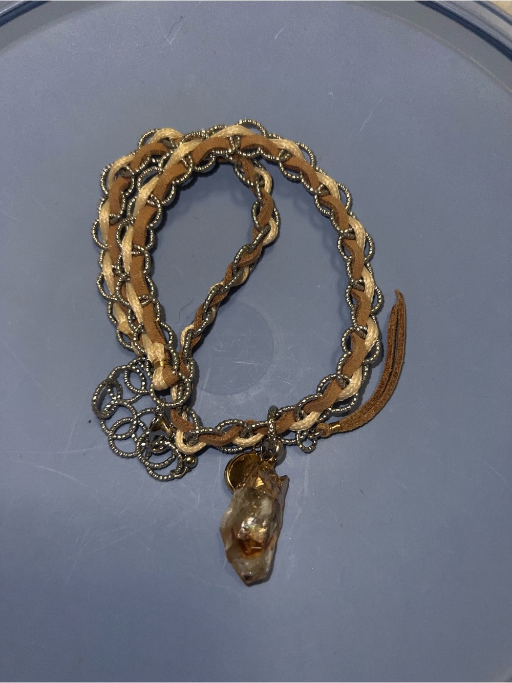 Beige and Gold Braided Leather Necklace with Raw Crystal Charm